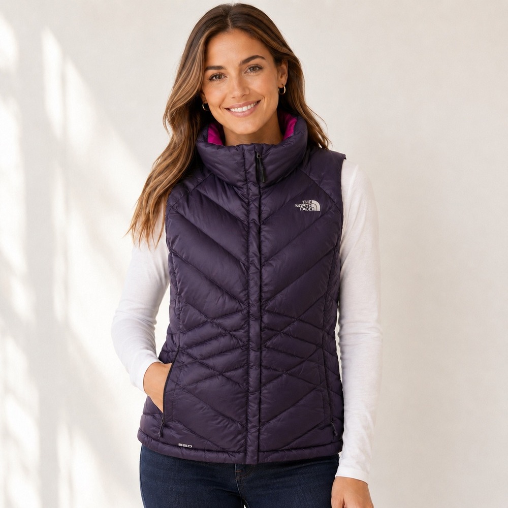 The North Face Women's Small Purple 550 Down Chevron Quilted Vest Pink Lining